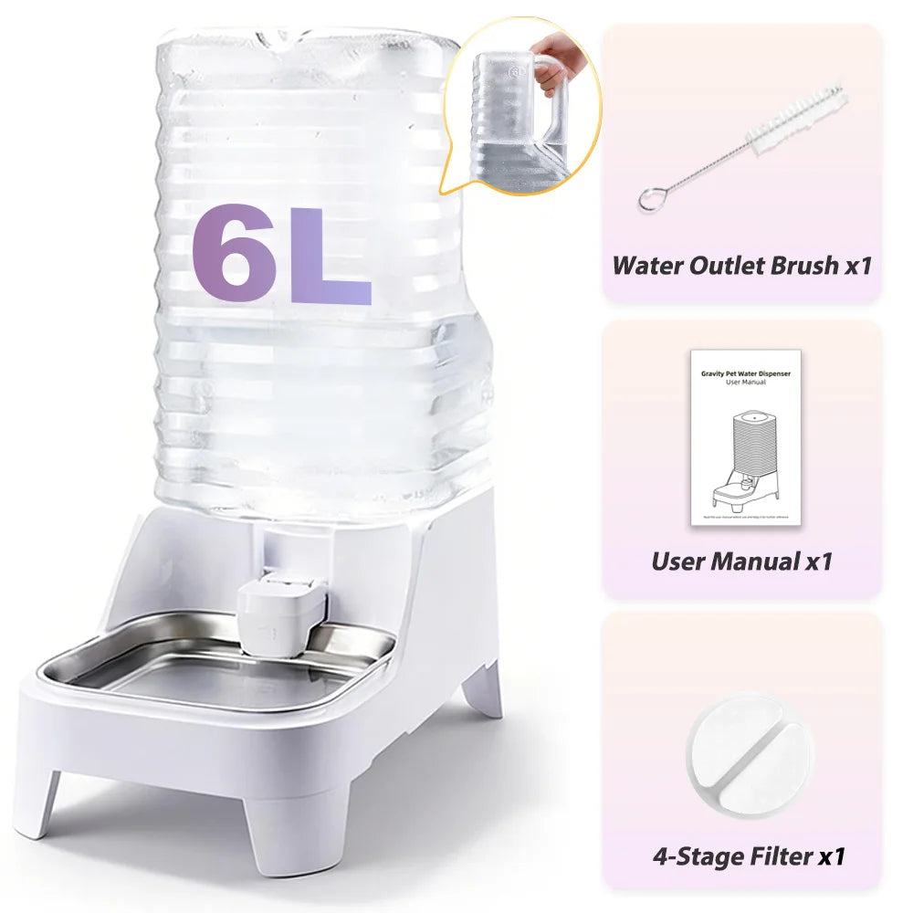 NITYERS 6L Gravity Pet Water Dispenser Large Capacity Automatic Dog Water Bowl Raised Elevated Pet Water Fountain No Electricity Stainless Steel Tray for Cats Dogs
