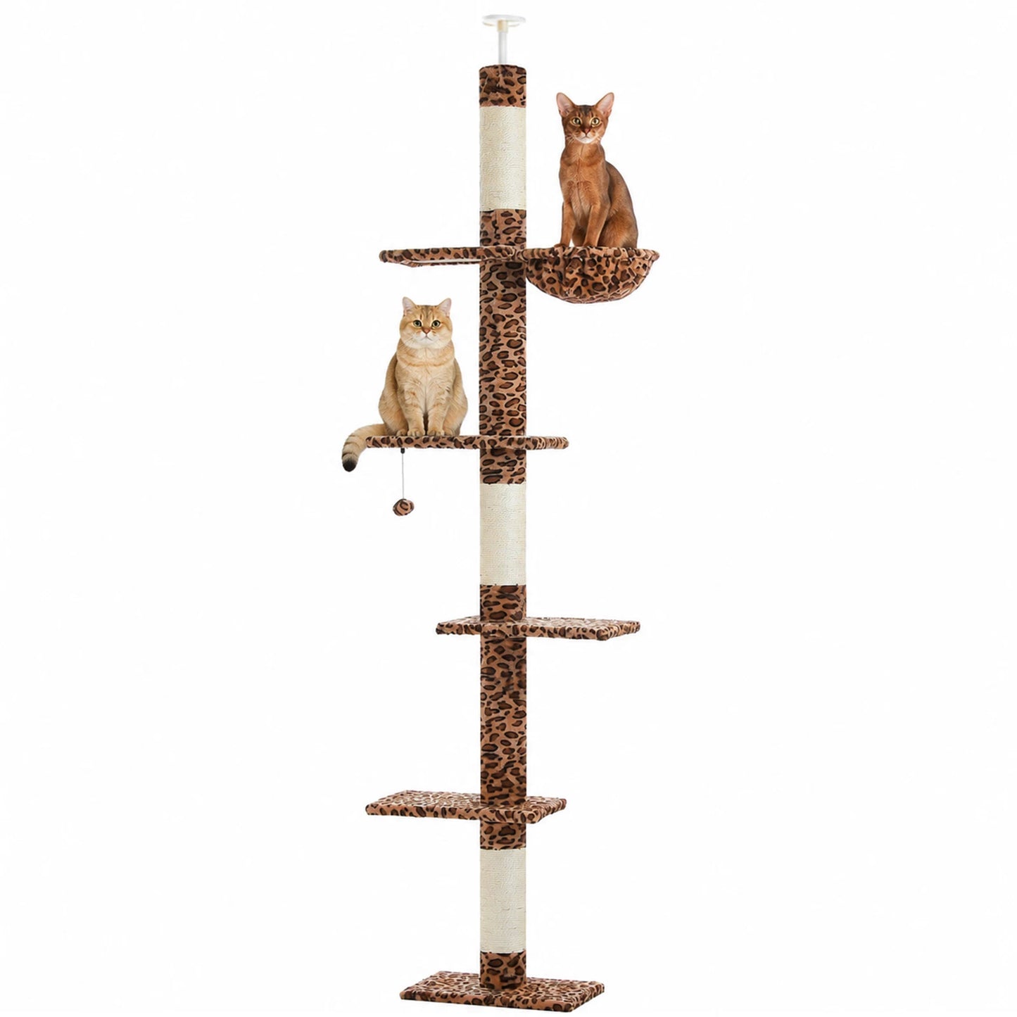 Floor to Ceiling Cat Tree with Sisal Scratching Posts Cozy Hammock Dangling Ball Adjustable Height Leopard Cat Tower for Indoor Cat Toys