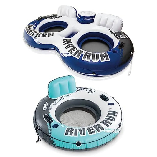 River Run Inflatable Tube Float For Two Riders With Built In Cooler PVC Blue Outdoor Water Play For Families