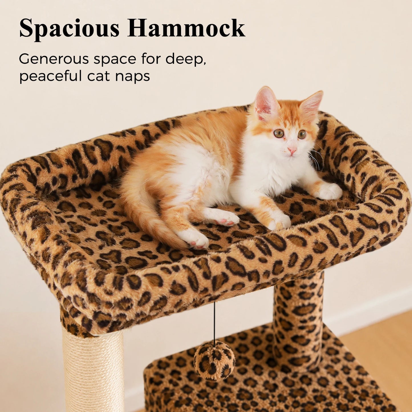 Multi-Level Leopard Cat Tree for Indoor Cats Large Cat Tower with Sisal Scratching Posts Cozy Cat Condo Spacious Hammock Soft Top Perch Cat Toys