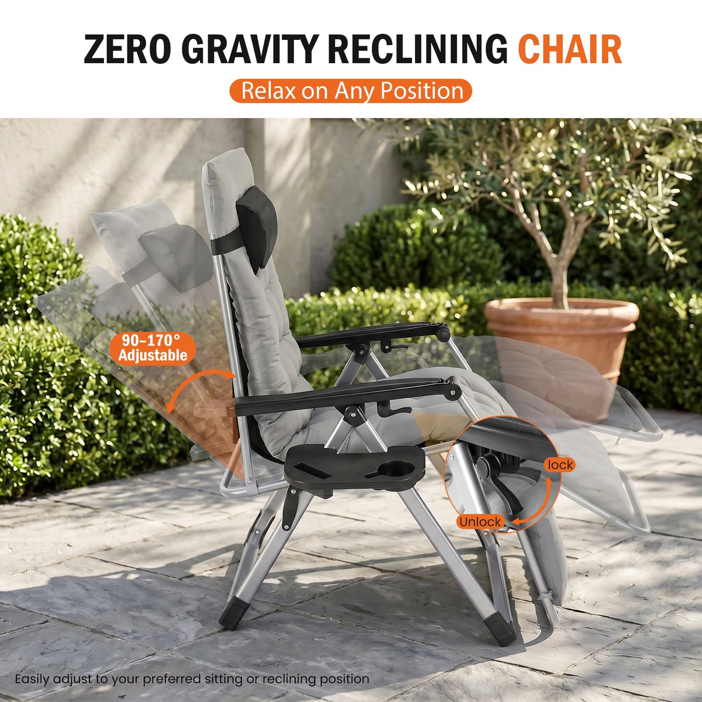 JHK Zero Gravity Reclining Camping Lounge Chair With Cup Holder Tray