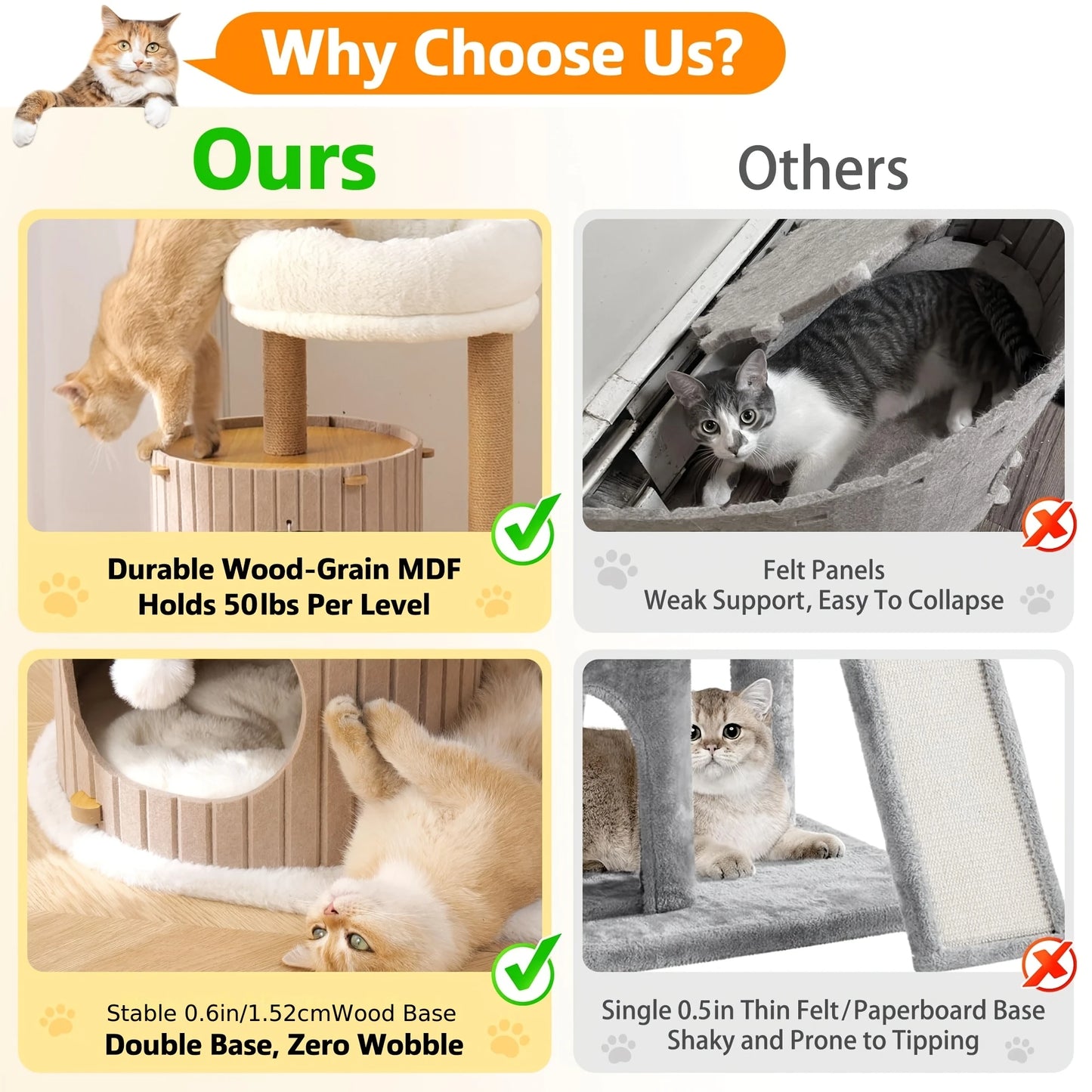 Modern Cat Tree for Indoor Small & Medium Cats, 36" Cat Tower with Scratching Posts, 2 Cozy Cat Caves, Top Perch, Dangling Balls, Washable Cushions, Space-Saving Cat Condo, Brown
