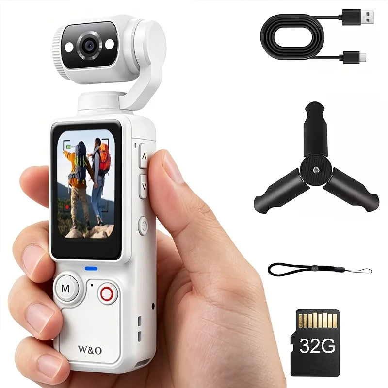Ultra HD 4K Sports Camcorder, Ultra Light Body for Travel & Vlog, Comes with 32GB Memory Card and Tripod, Anti-Shock Stabilization, 180° Adjustable Flip Screen, Auto Focus, 2000mAh Rechargeable Battery for Outdoor Cycling