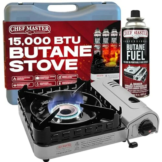 Portable Camp Stove 15000 BTU Butane Burner with Wind Guard