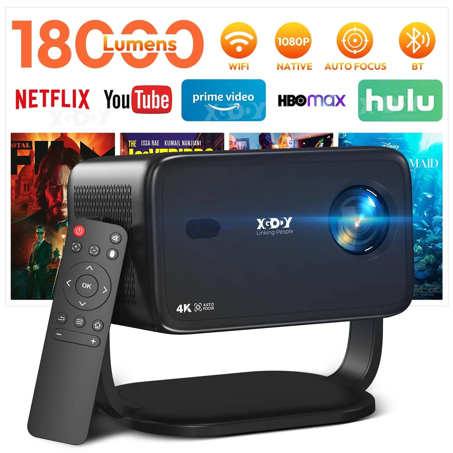 XGODY 4K Projector Auto Focus WiFi6 Android Beamer Home Theater
