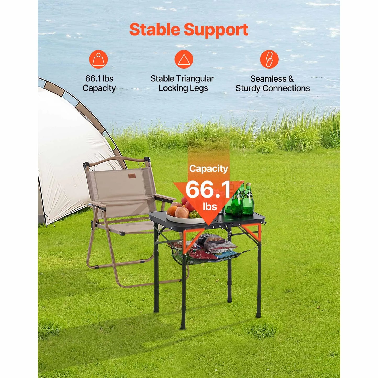 SucceBuy Folding Camping Table Adjustable Height Portable Aluminum Mesh Side