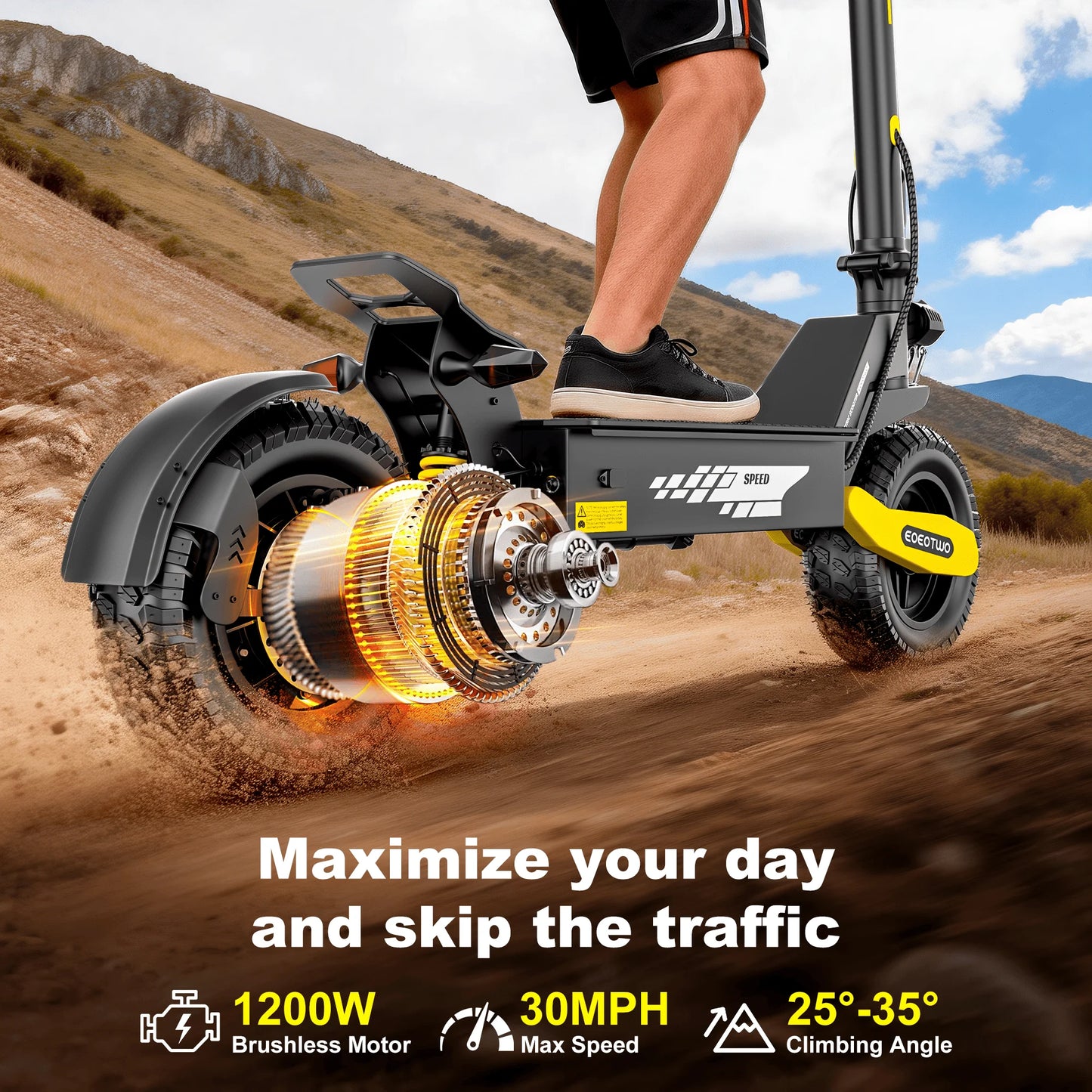 EOEOTWO 1200W Off Road Electric Scooter For Adults Long Range 30MPH 48V Foldable All Terrain Ready Tubeless 11 Inch