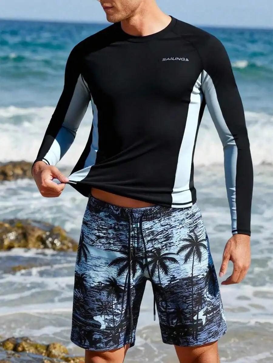 Mens Long Sleeve Rash Guard And Swim Shorts Set For Active Beachwear Durable Polyester Spandex