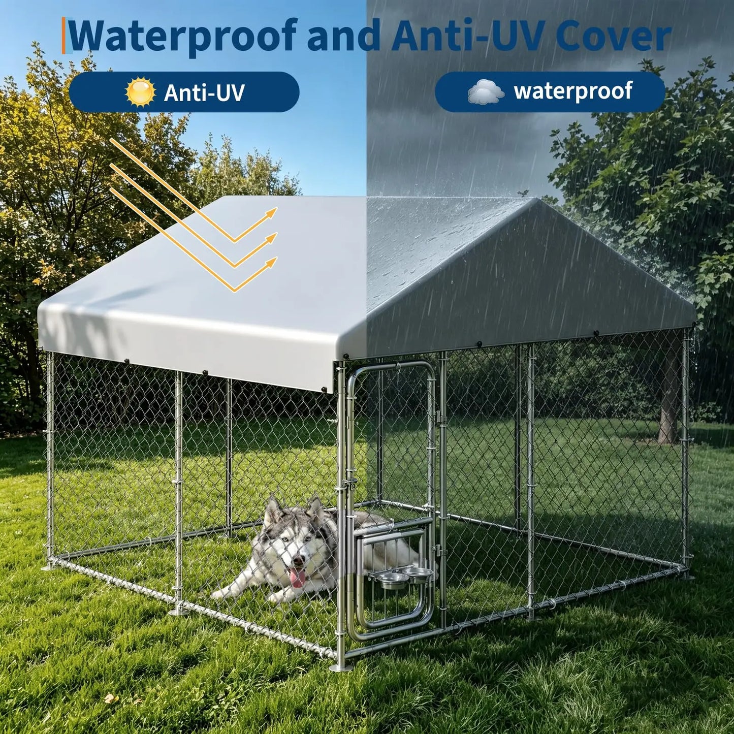 DishyKooker Heavy Duty Outdoor Dog Kennel With Roof Cover Lockable Feeding Door For Large Dogs