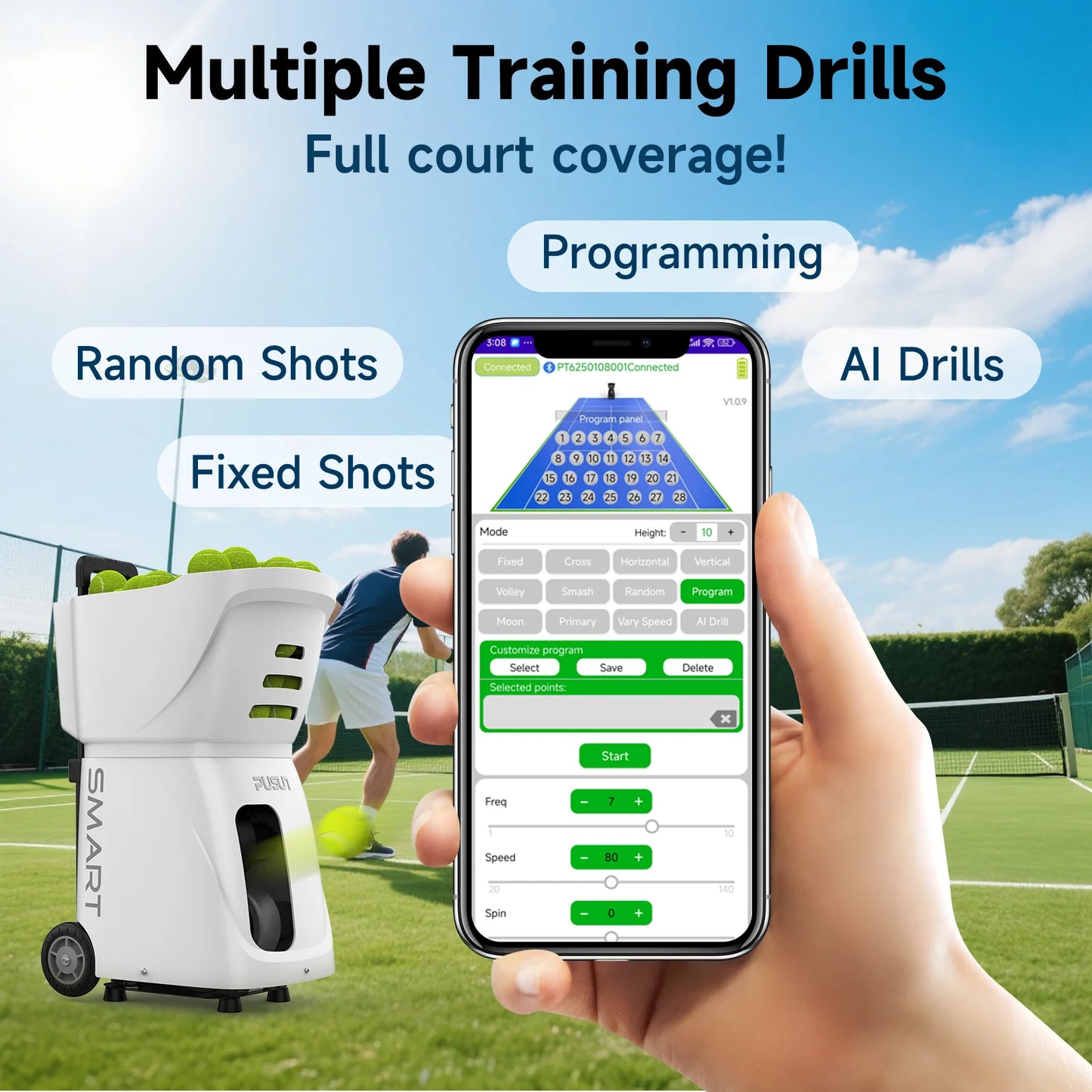 PUSUN Tennis Ball Machine PT Smart Launcher For All Levels 100 Ball Capacity 4-6 Hour Battery Life Adjustable Elevation
