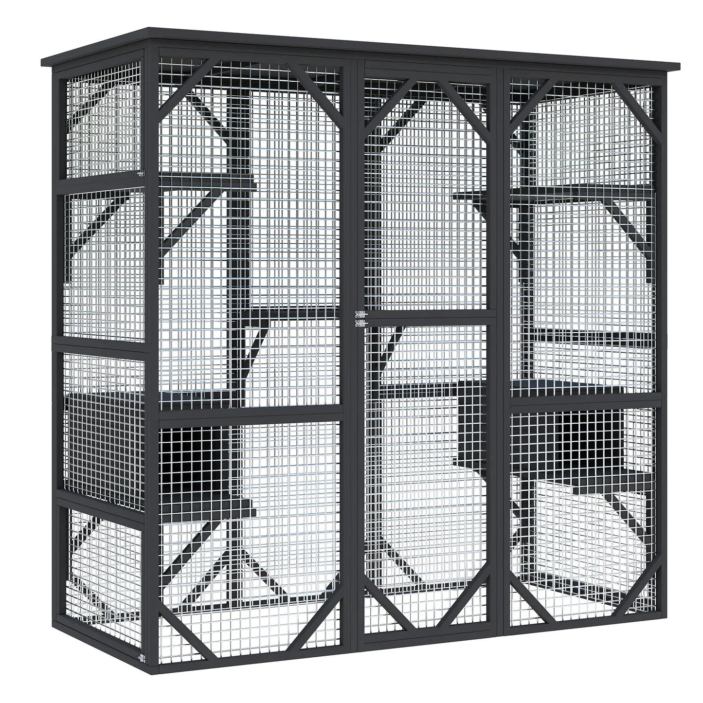 HiMISS Large Walk In Cat Catio Enclosure Weather Resistant Cedar Multi Level With Window And Locking Doors For Cats