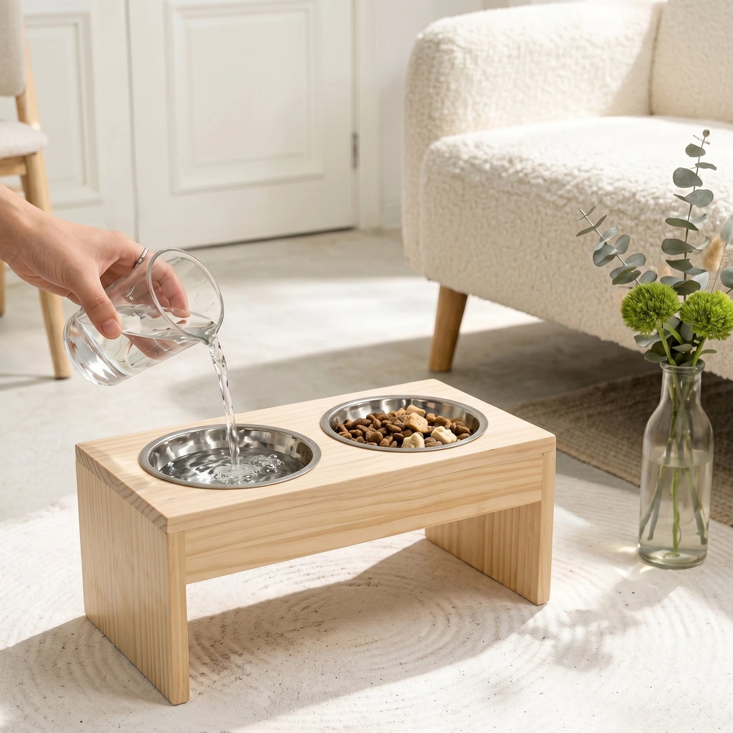 Elevated Wooden Dog Bowls Stand with Double Stainless Steel Bowls, Raised Pet Feeder Holder for Food & Water, Dog Feeding Station