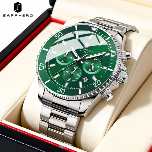 SAPPHERO Men's Stainless Steel Quartz Chronograph Waterproof Watch