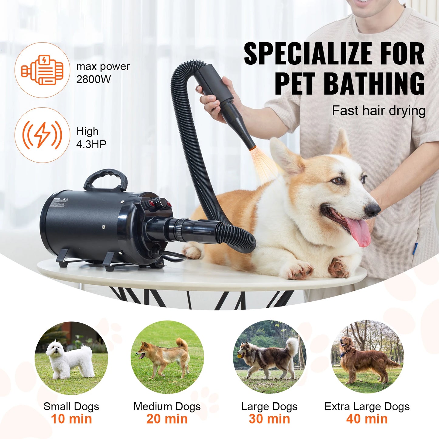 SucceBuy 2000W Pet Blow Dryer With Adjustable Speed And Nozzles