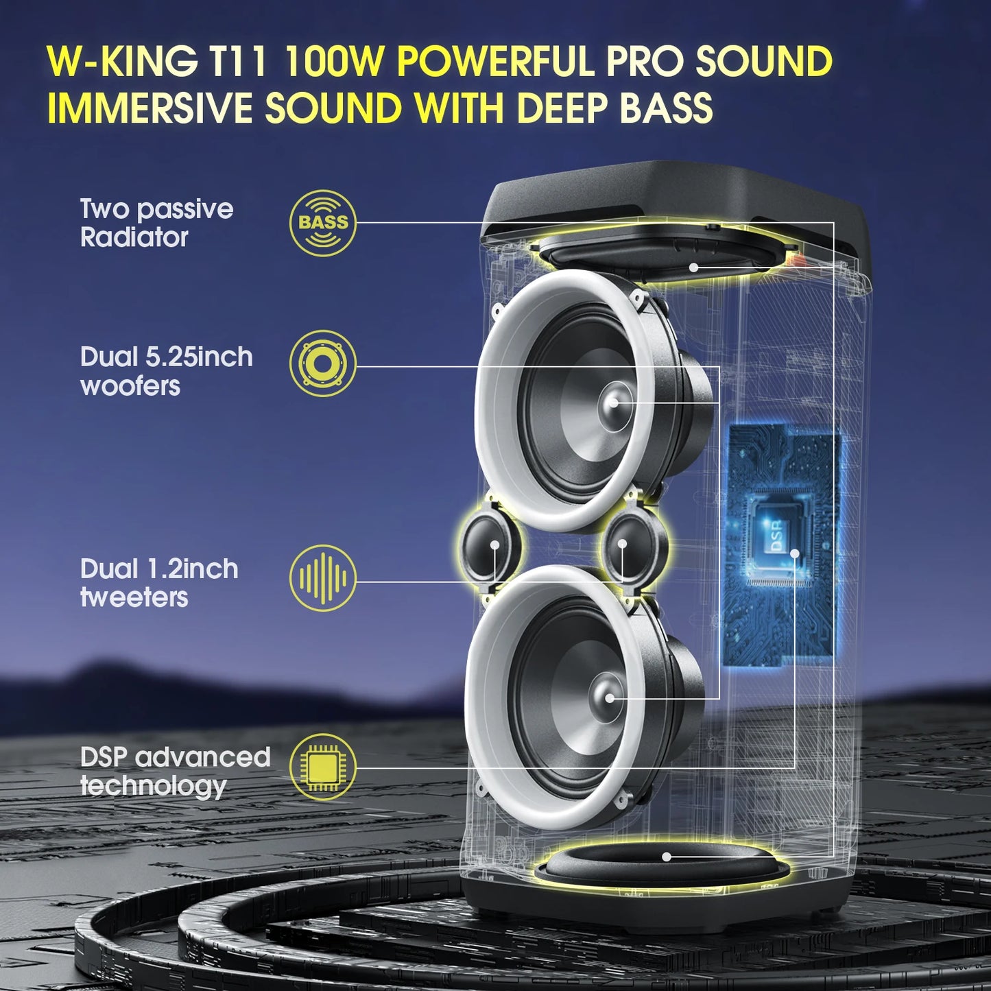 W-King T11 100W RMS Bluetooth Speaker Deep Bass IPX6
