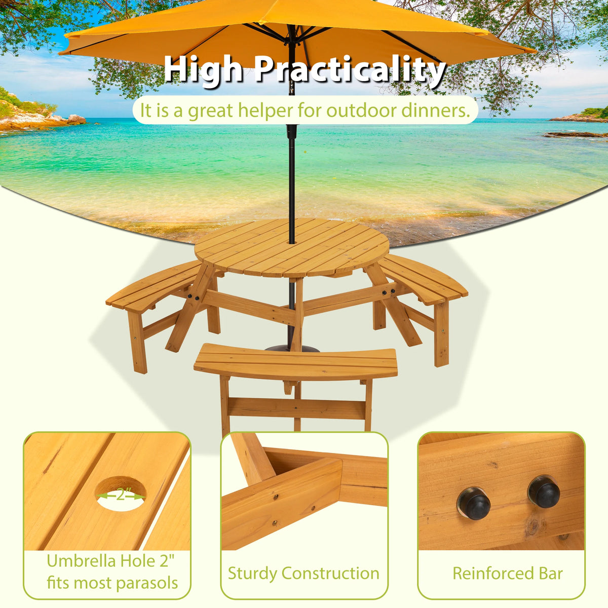 Solid Wood Round Picnic Table Set With Three Outdoor Benches