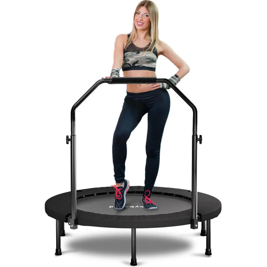 Foldable Fitness Rebounder Trampoline With Adjustable Handlebar