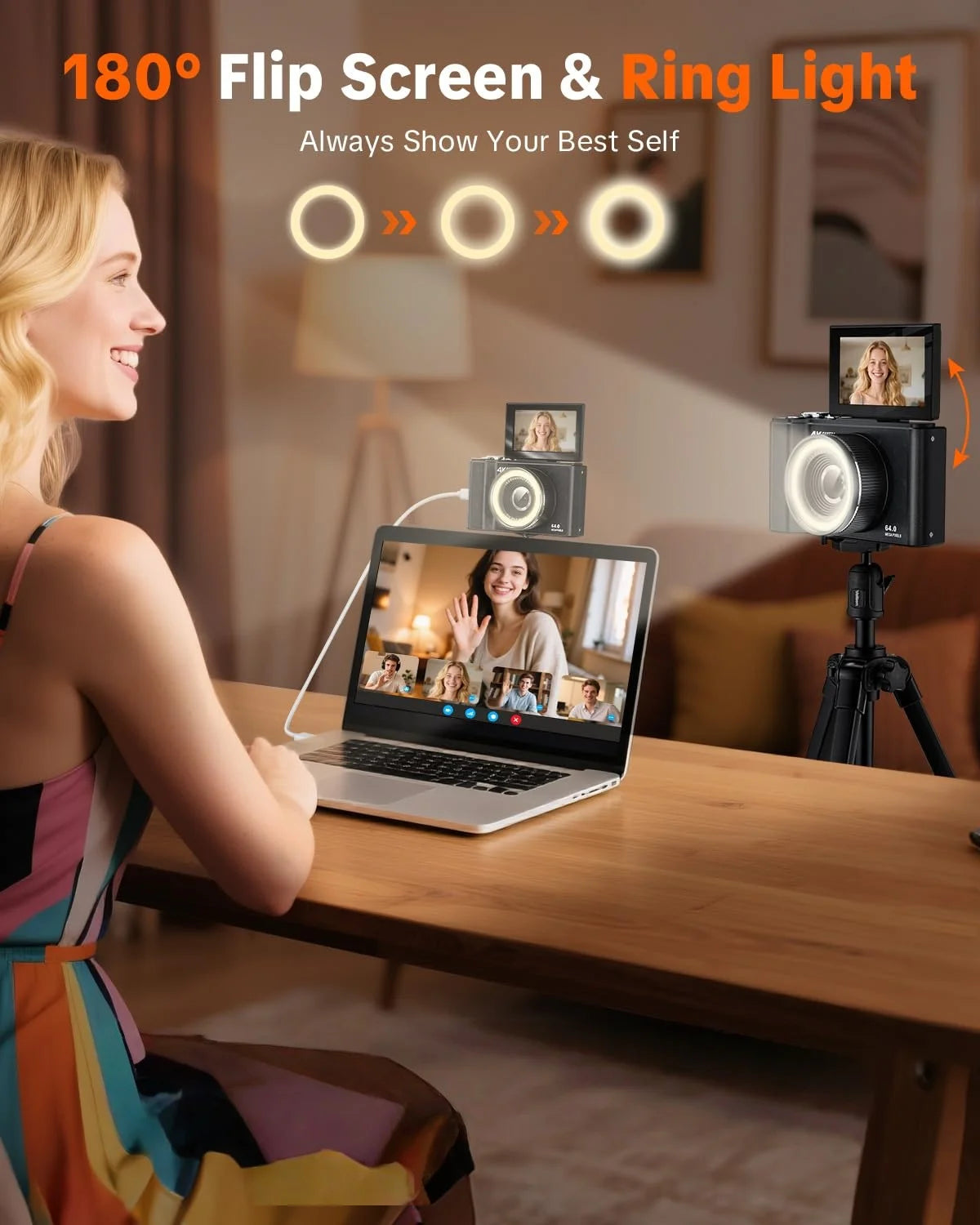 WO 4K Digital Camera With Ring Light And Flip Screen