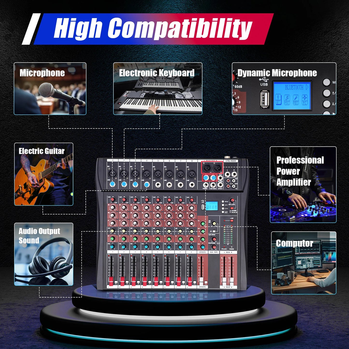 Bymaocar 7 8 Channel Professional Mixer With Bluetooth USB Recording