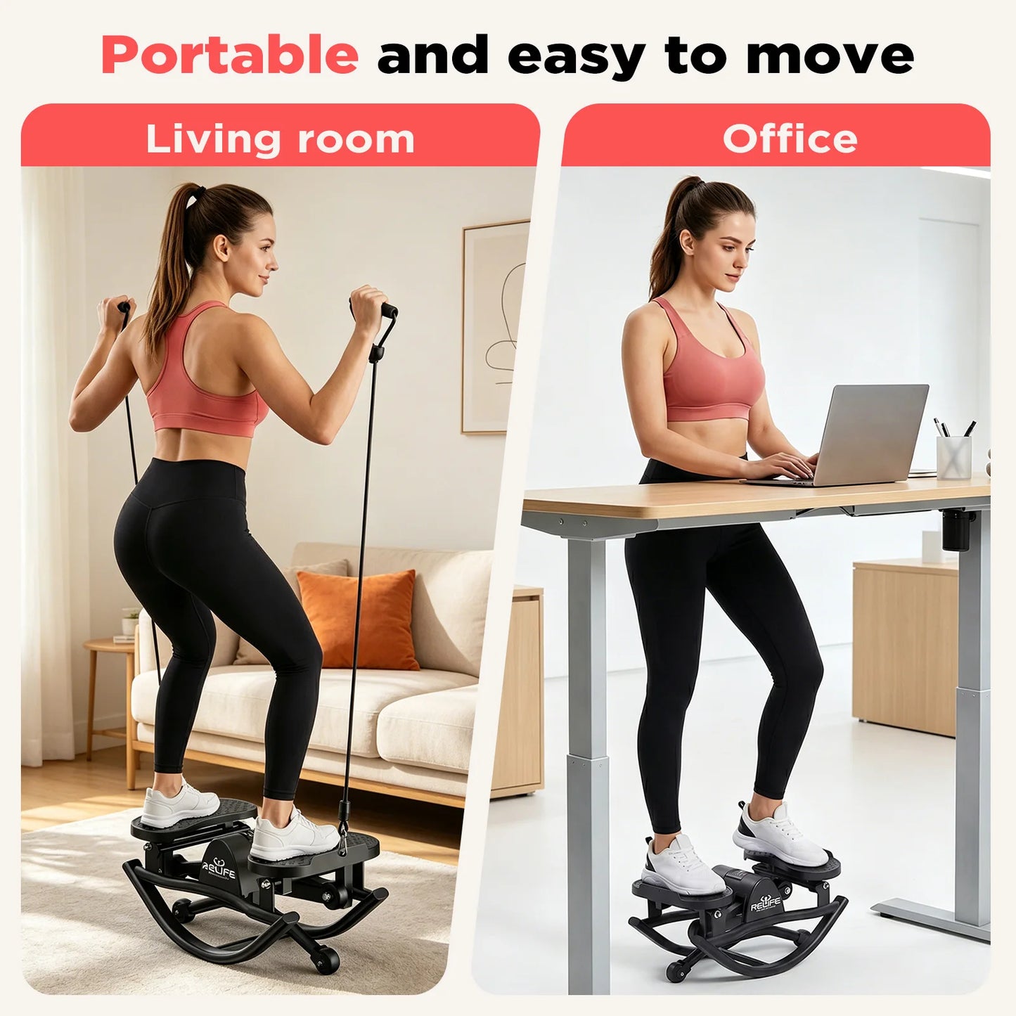 Relife 3D Lateral Rocking Stepper With Resistance Bands And Monitor