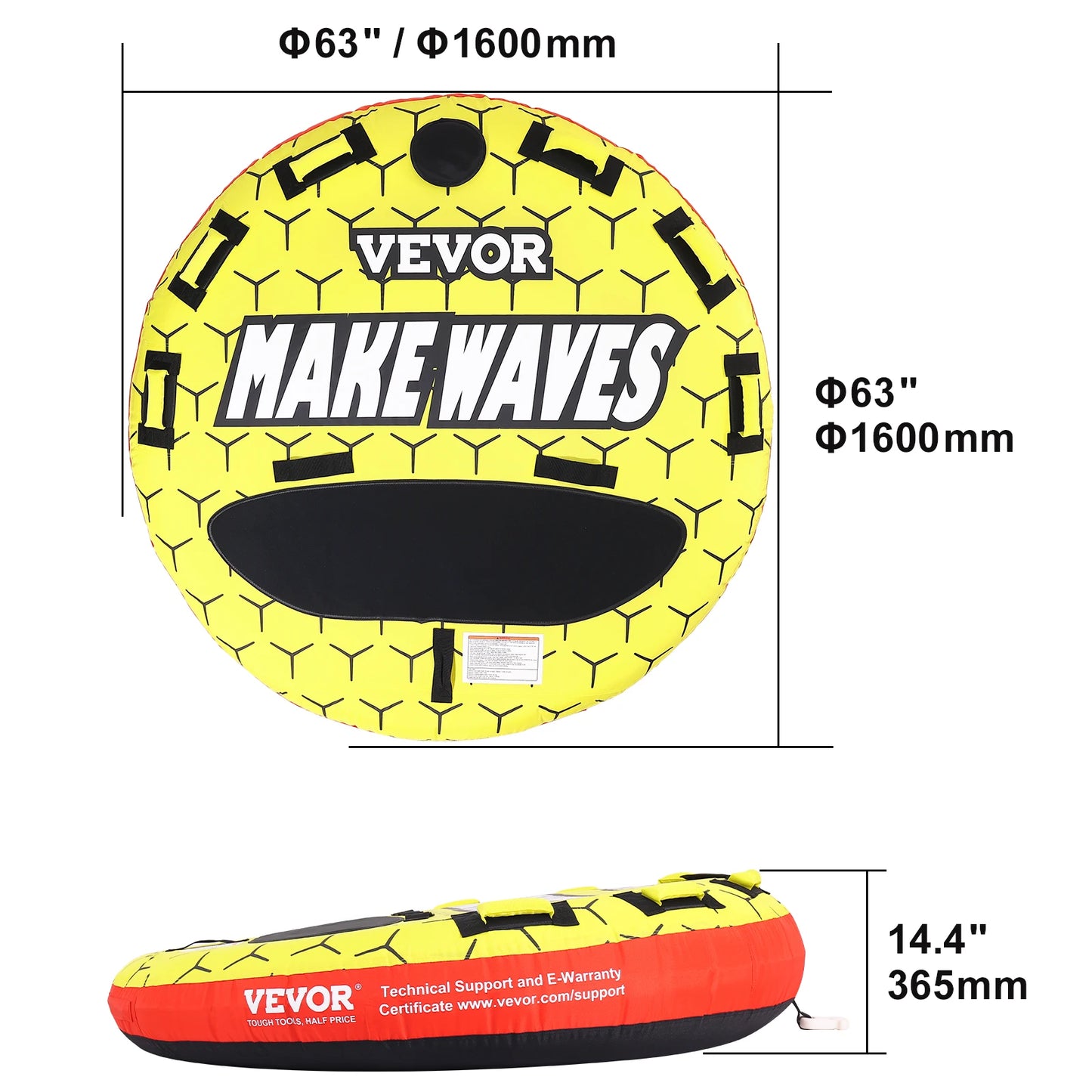 SucceBuy 63 Inch Towable Tube For Boating 1 To 3 Riders Family Friendly Durable 840D Nylon