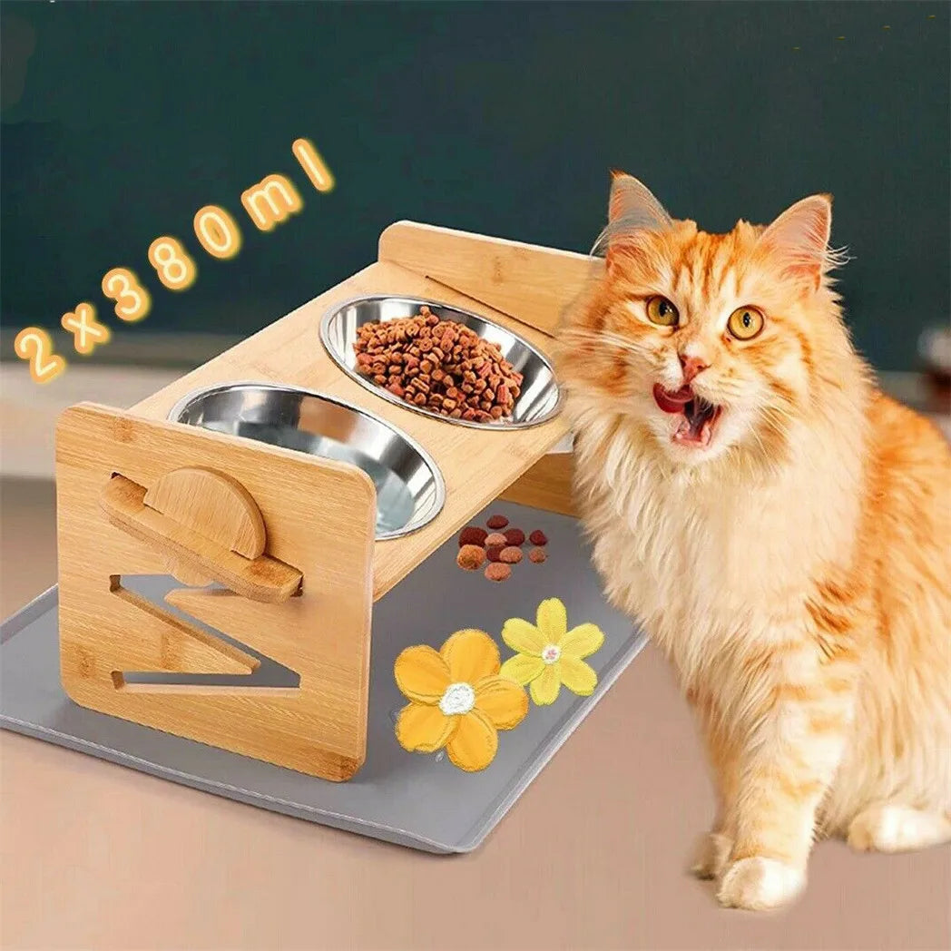 Elevated Adjustable Dog Feeding Station With Bamboo Frame Stainless Bowls