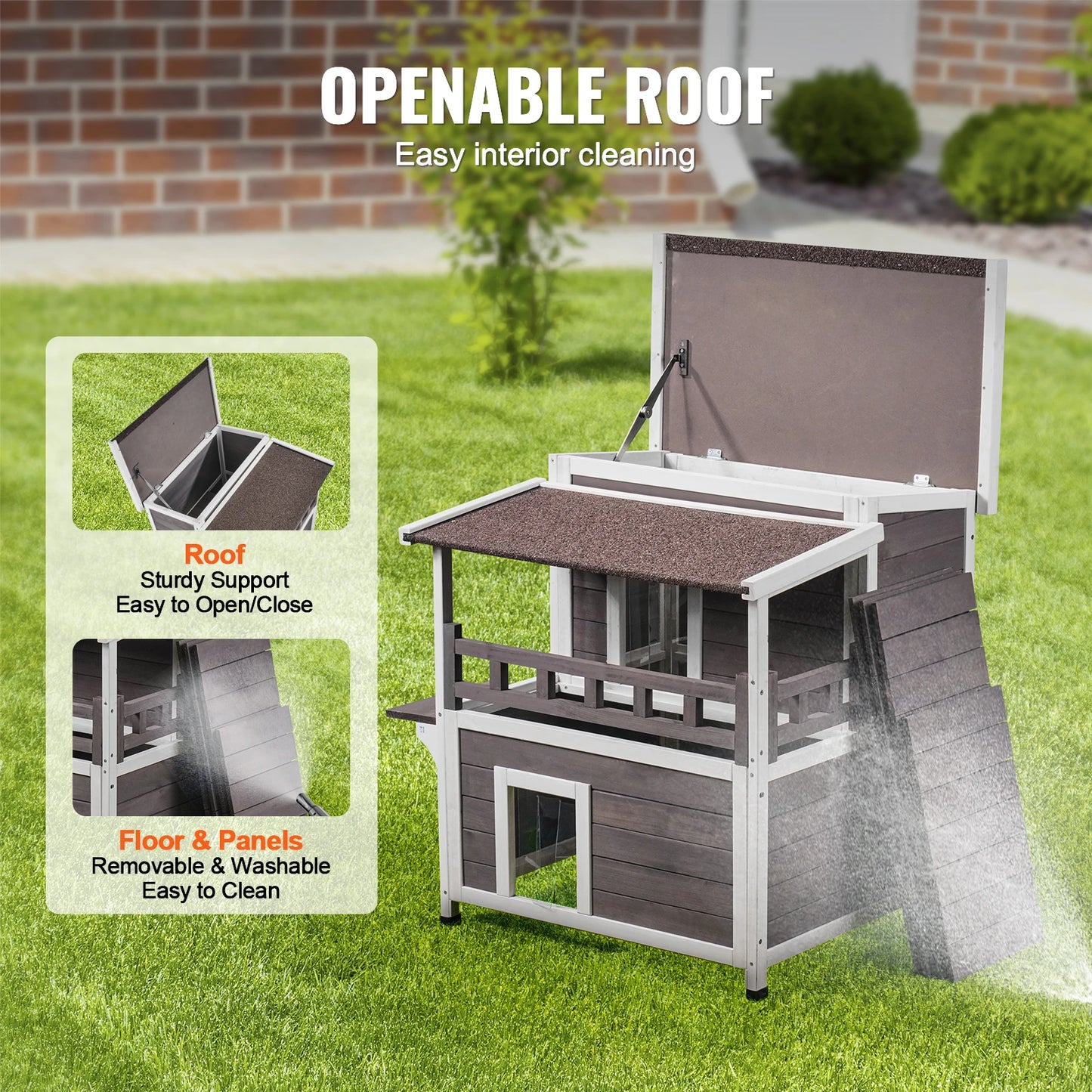 SucceBuy Weatherproof Outdoor Cat House Large 2 Story Wooden Shelter With Balcony Open Roof For Feral Cats