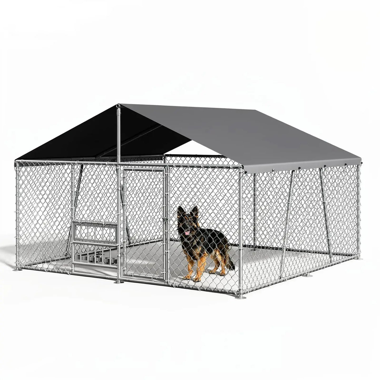 DishyKooker Outdoor Dog Kennel 10x10ft With PE Waterproof Roof 360° Feeding Door Heavy Duty Galvanized For Outdoor Pets