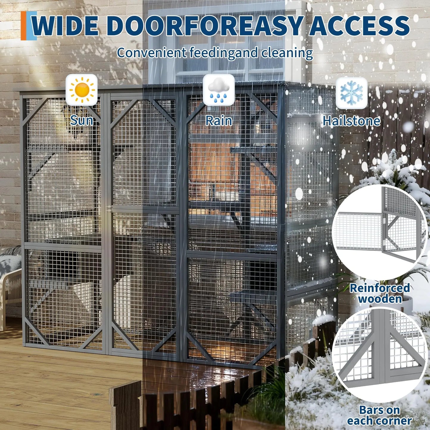 HiMISS Large Walk In Cat Catio Enclosure Weather Resistant Cedar Multi Level With Window And Locking Doors For Cats
