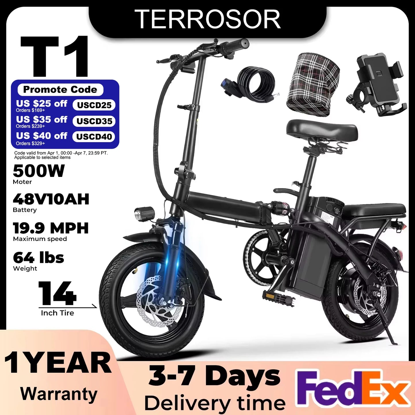 Terrosor T1 Folding Electric Bike 500W 14Inches Dual Disc Brakes for Adult Commuters