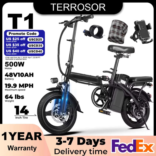 Terrosor T1 Folding Electric Bike 500W 14Inches Dual Disc Brakes for Adult Commuters