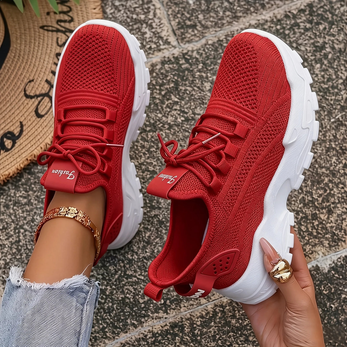 Womens Chunky Platform Knit Mesh Walking Sneakers With Wavy Sole