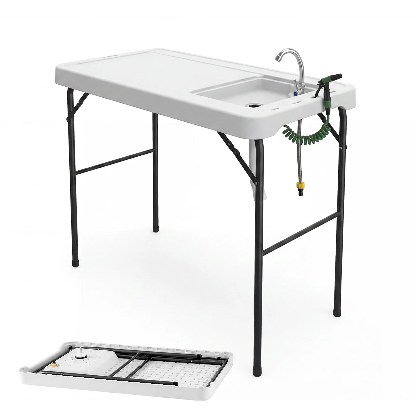Folding Fish Cleaning Table with Sink, Portable Camping Sink Station with Faucet, Drainage Hose, Sprayer, Outdoor Fillet Table for Picnic Beach Patio