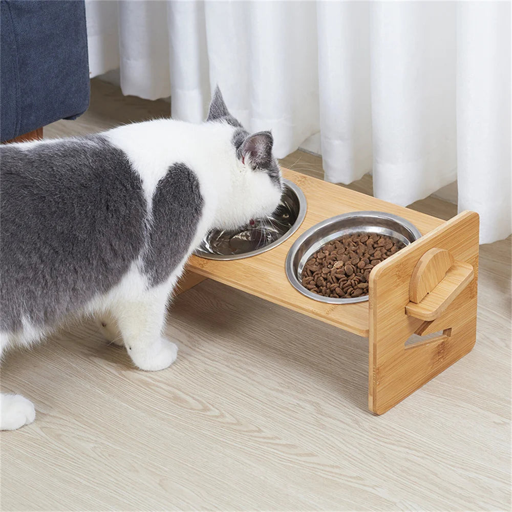 Elevated Adjustable Dog Feeding Station With Bamboo Frame Stainless Bowls