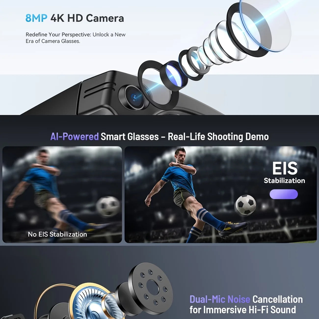 AI Smart Video Glasses with Camera and Photo Capabilities, featuring an 8MP camera, 1080P HD video recording, 4K resolution,