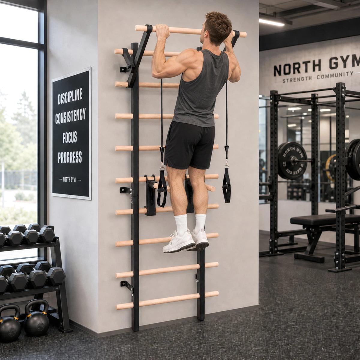 Swedish Ladder with Pull Up Bar and Detachable Dip Bars