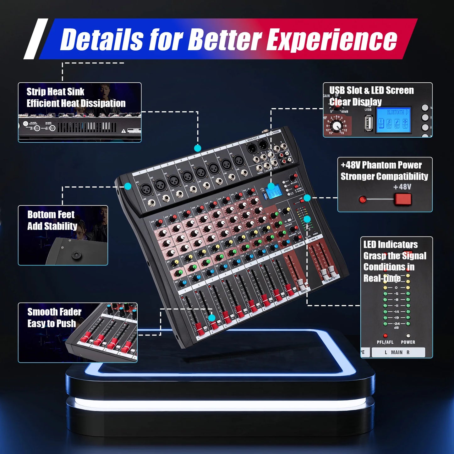 8 Channel DJ Audio Mixer With Bluetooth Controller And Equalizer