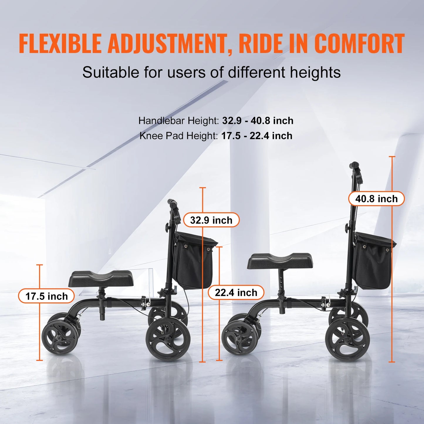 SucceBuy Carbon Steel Folding Knee Walker With Steerable All Terrain Solid Wheels