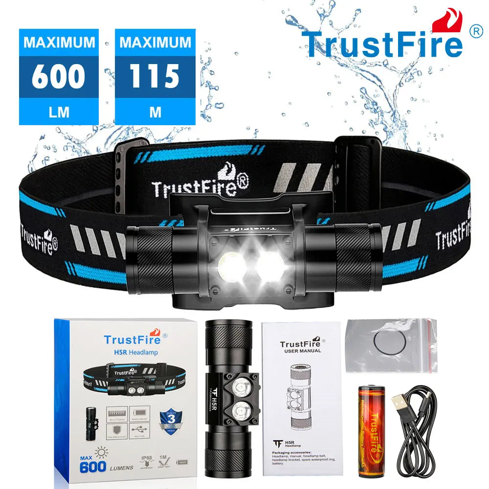 TrustFire H5R 600LM Rechargeable Waterproof Headlamp Dual Light LED Torch IP68 Running Camping Hiking Cycling Fishing Hunting Outdoor Emergency Work Light Headlight