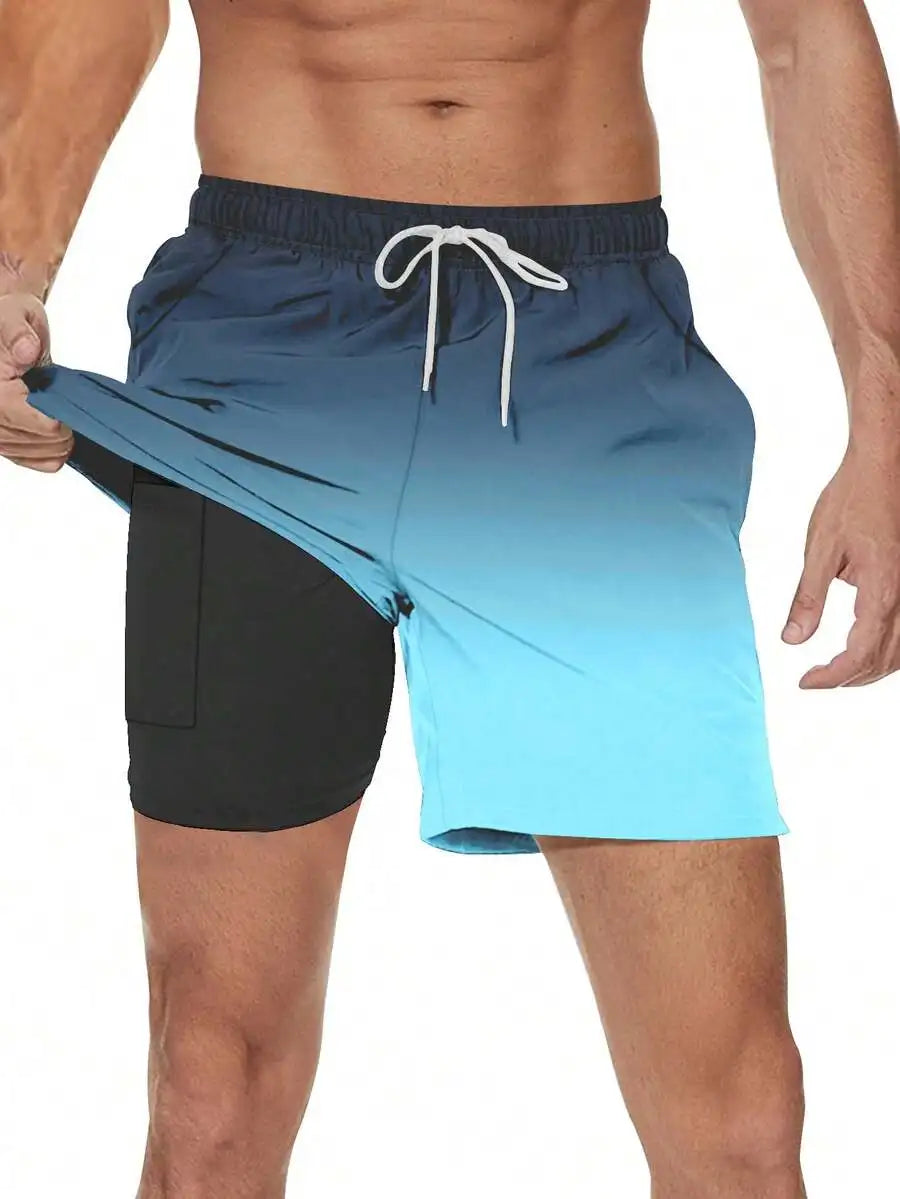 Mens Quick Dry Swim Trunks With Compression Liner 5 Inch Gradient Blue Beach Shorts