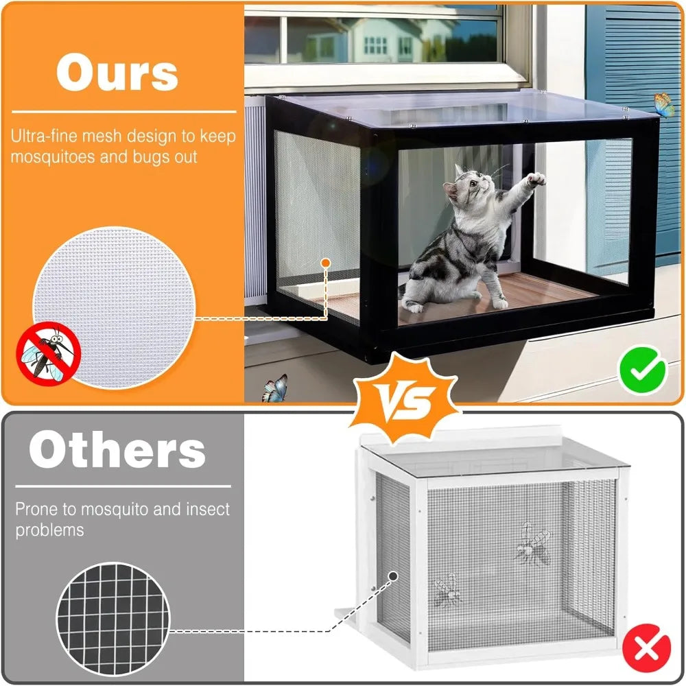 Outdoor Cat Window Box Enclosure Catio With Bug Proof Wire Mesh Transparent Top And Front For Indoor Cats Sunbathing