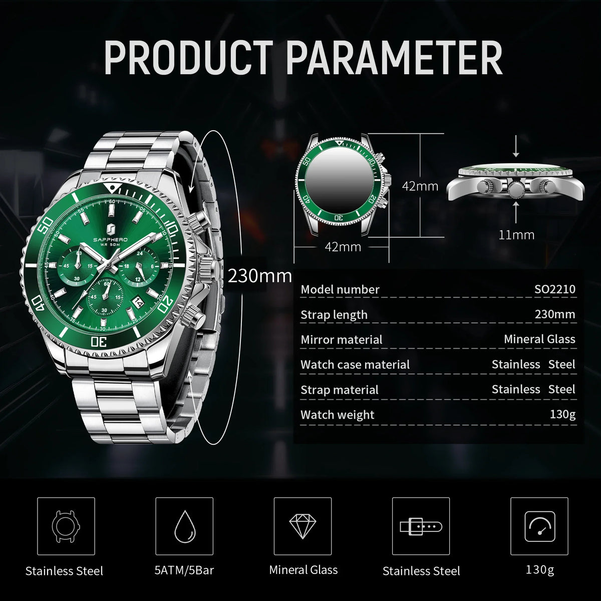 SAPPHERO Men's Stainless Steel Quartz Chronograph Waterproof Watch