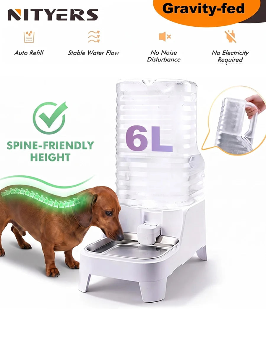 NITYERS 6L Gravity Pet Water Dispenser Large Capacity Automatic Dog Water Bowl Raised Elevated Pet Water Fountain No Electricity Stainless Steel Tray for Cats Dogs