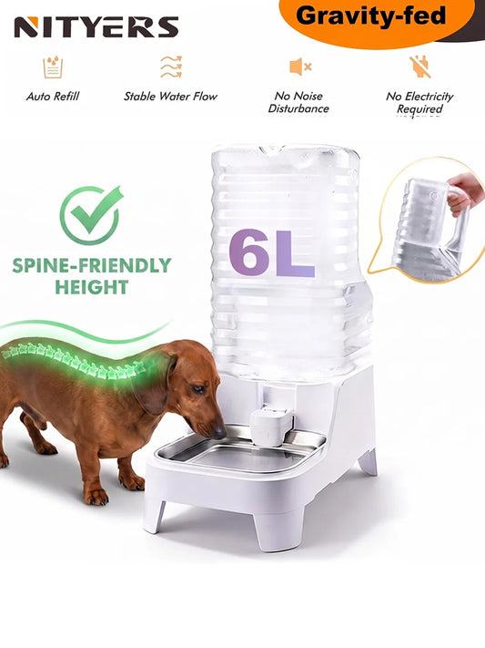 NITYERS 6L Gravity Pet Water Dispenser Large Capacity Automatic Dog Water Bowl Raised Elevated Pet Water Fountain No Electricity Stainless Steel Tray for Cats Dogs