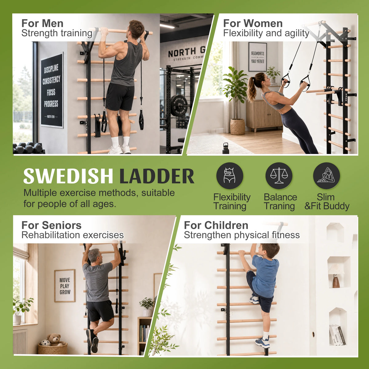 Swedish Ladder with Pull Up Bar and Detachable Dip Bars
