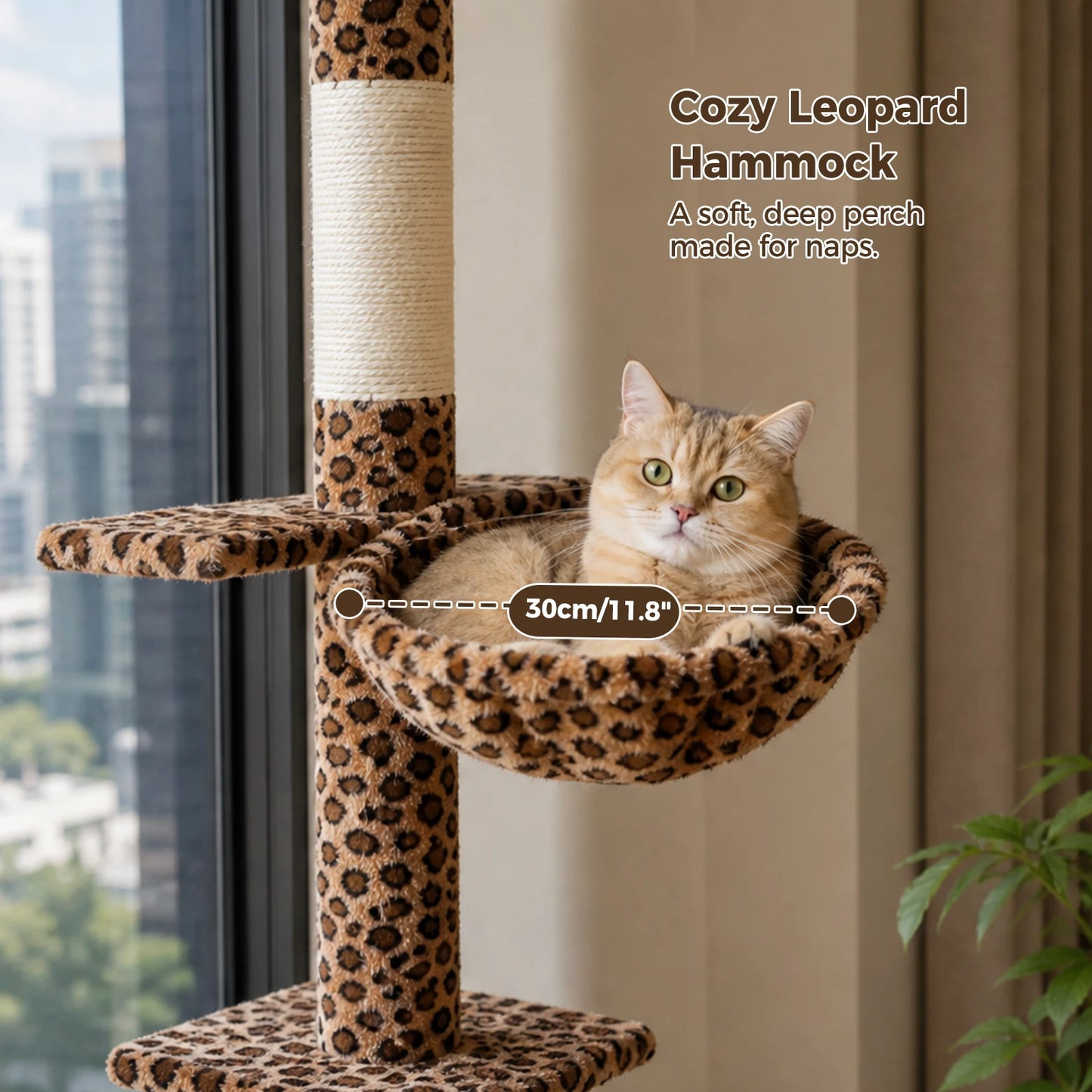 Floor to Ceiling Cat Tree with Sisal Scratching Posts Cozy Hammock Dangling Ball Adjustable Height Leopard Cat Tower for Indoor Cat Toys