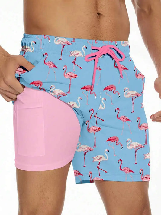 Mens Flamingo Print Swim Trunks With Compression Liner Quick Dry For Men Beach Activewear
