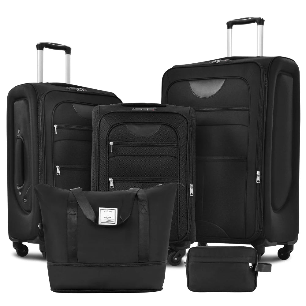 5 Piece Expandable Soft Shell Luggage Set Polyester Spinner Suitcases TSA Locks