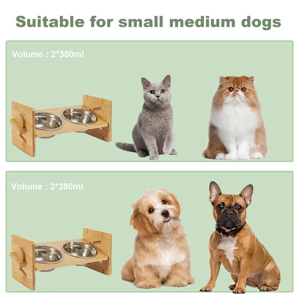 Elevated Adjustable Dog Feeding Station With Bamboo Frame Stainless Bowls