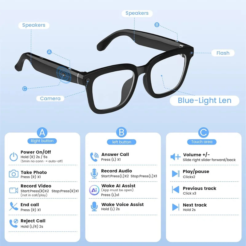 AI Smart Glasses 8MP 4K Camera Translator Bluetooth Sunglasses